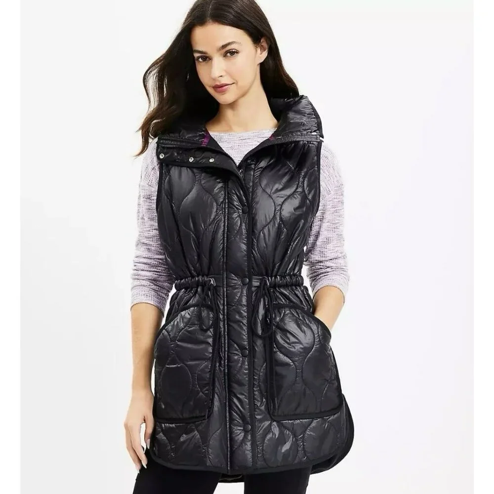 Lou & Grey Black Quilted Puffer Vest Womens Smel Cinch Waist Lightweight - Picture 1 of 8